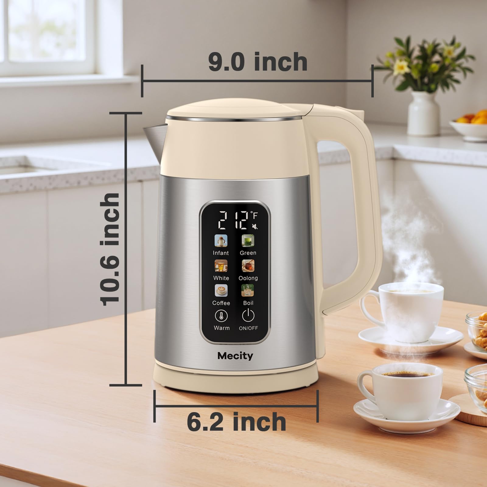 Mecity kettle in cream-stainless color designed for everyday use.
