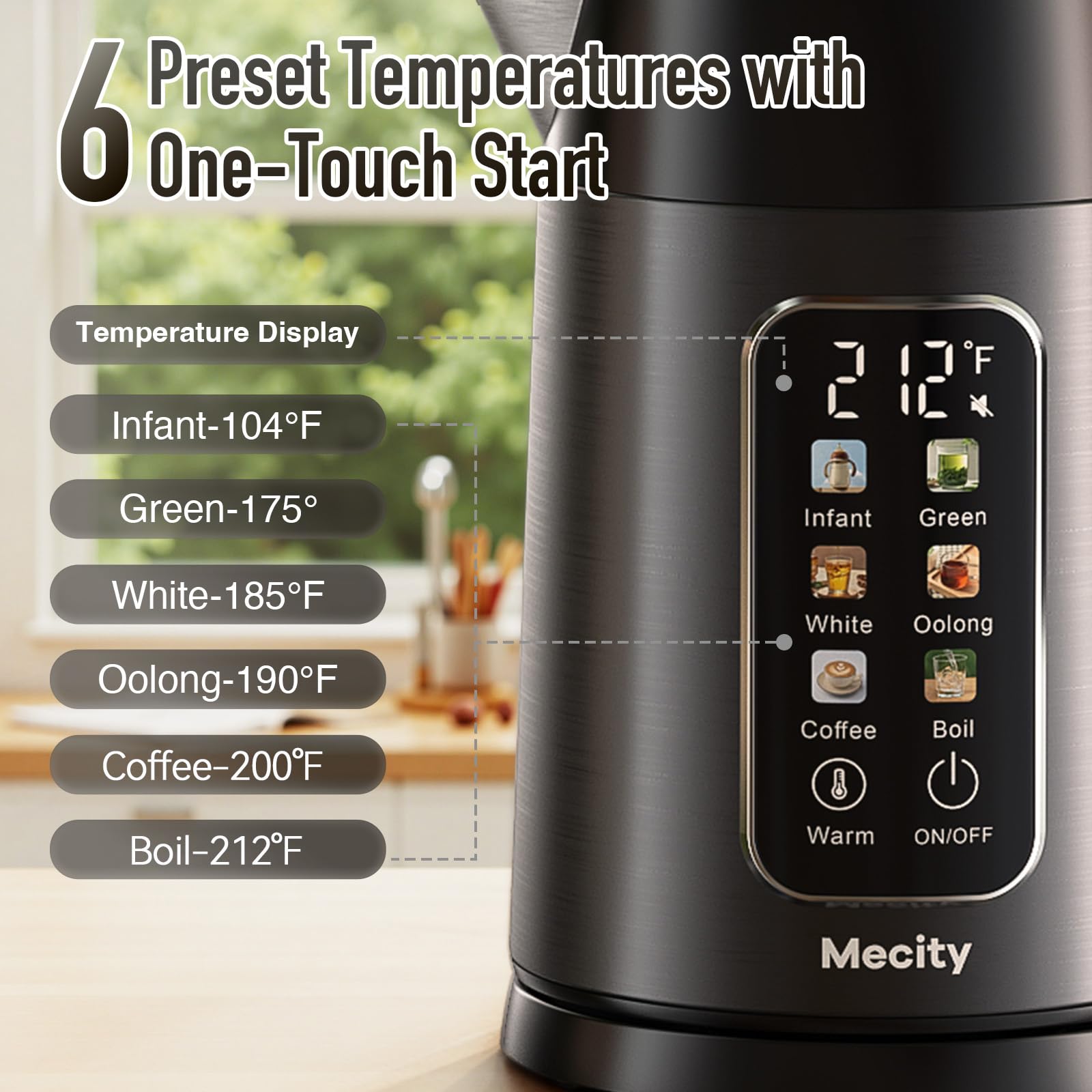Mecity kettle showing six presets for tea and coffee
