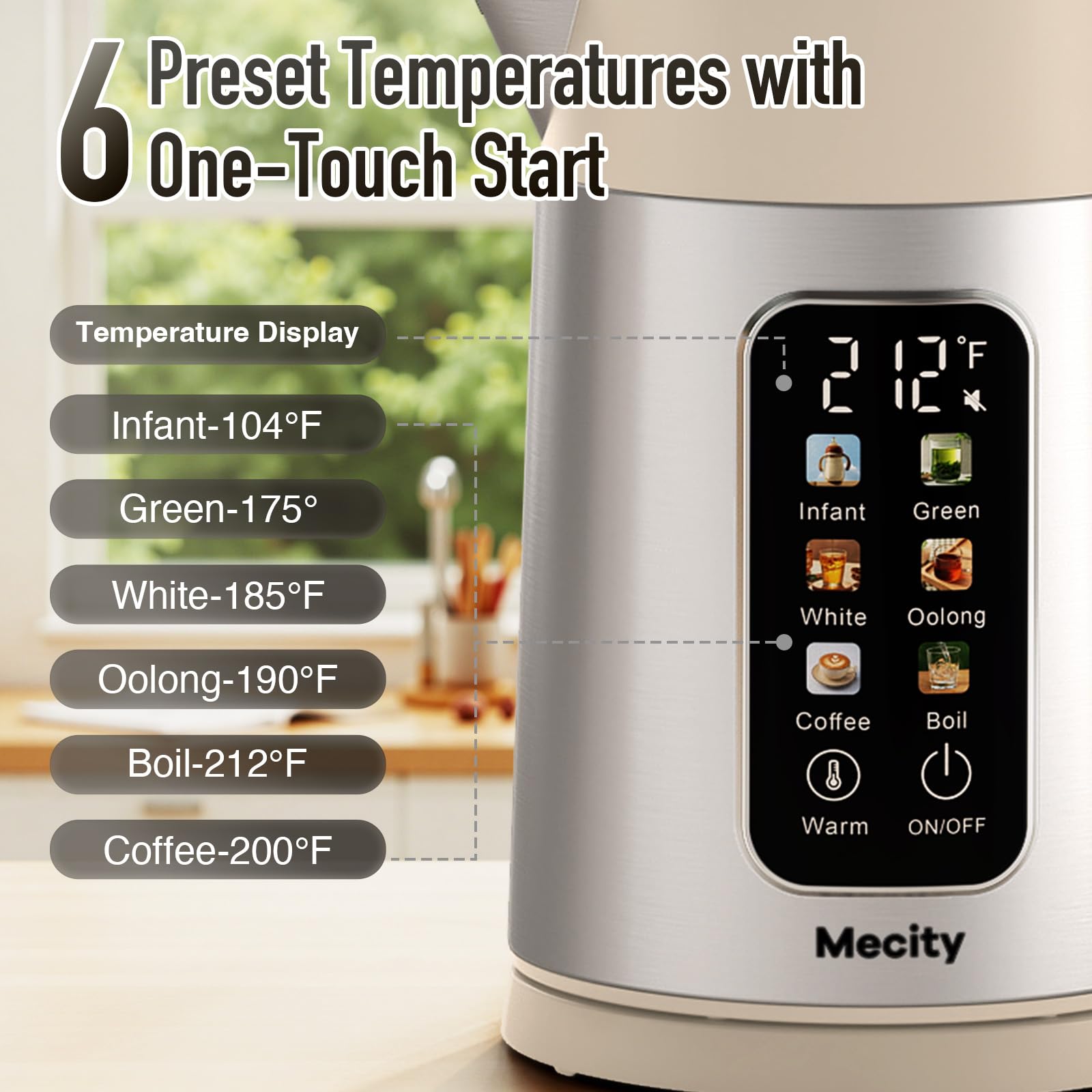 Mecity kettle interior crafted from 100% food-grade stainless steel for pure water contact.