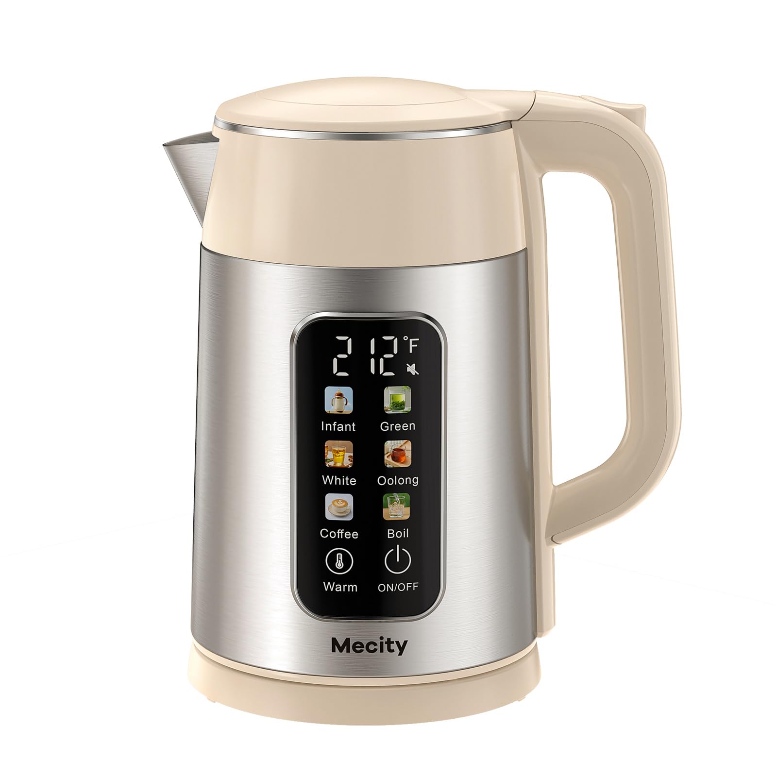 Mecity electric kettle with touch-screen presets for precise beverage temperature control.