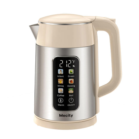 Mecity electric kettle with touch-screen presets for precise beverage temperature control.