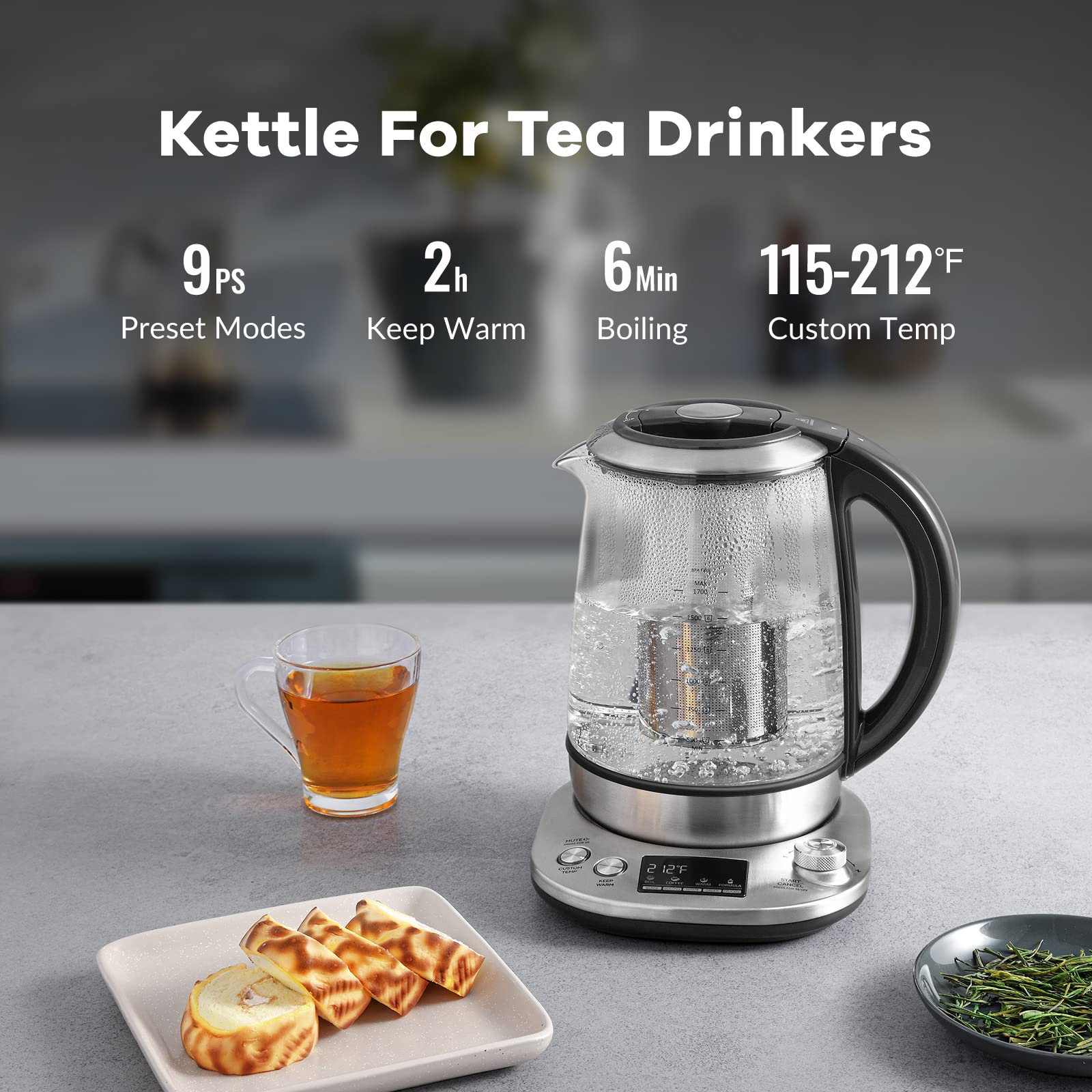 Mecity kettle showing nine preset programs for precise brewing