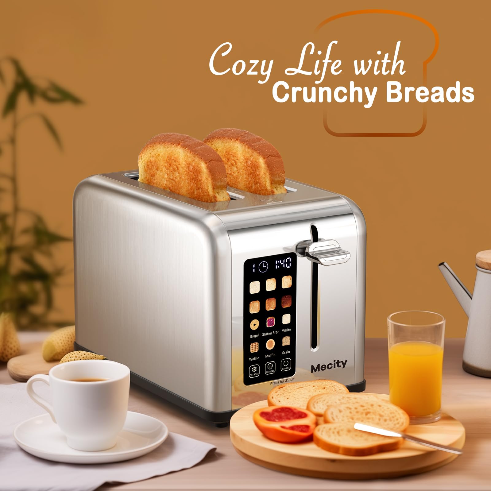 Mecity front view bagel toaster ready to toast dense slices.
