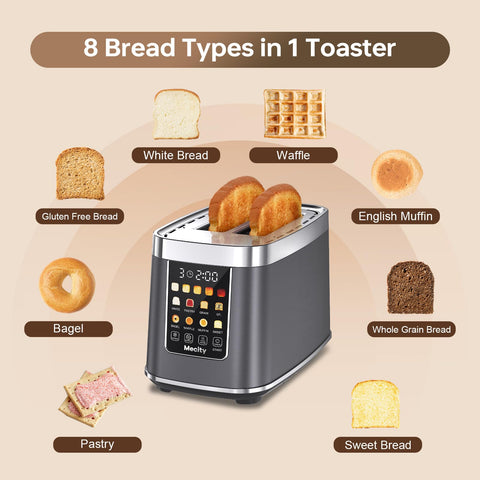 Mecity stainless steel toaster shown with cool-touch exterior for safety