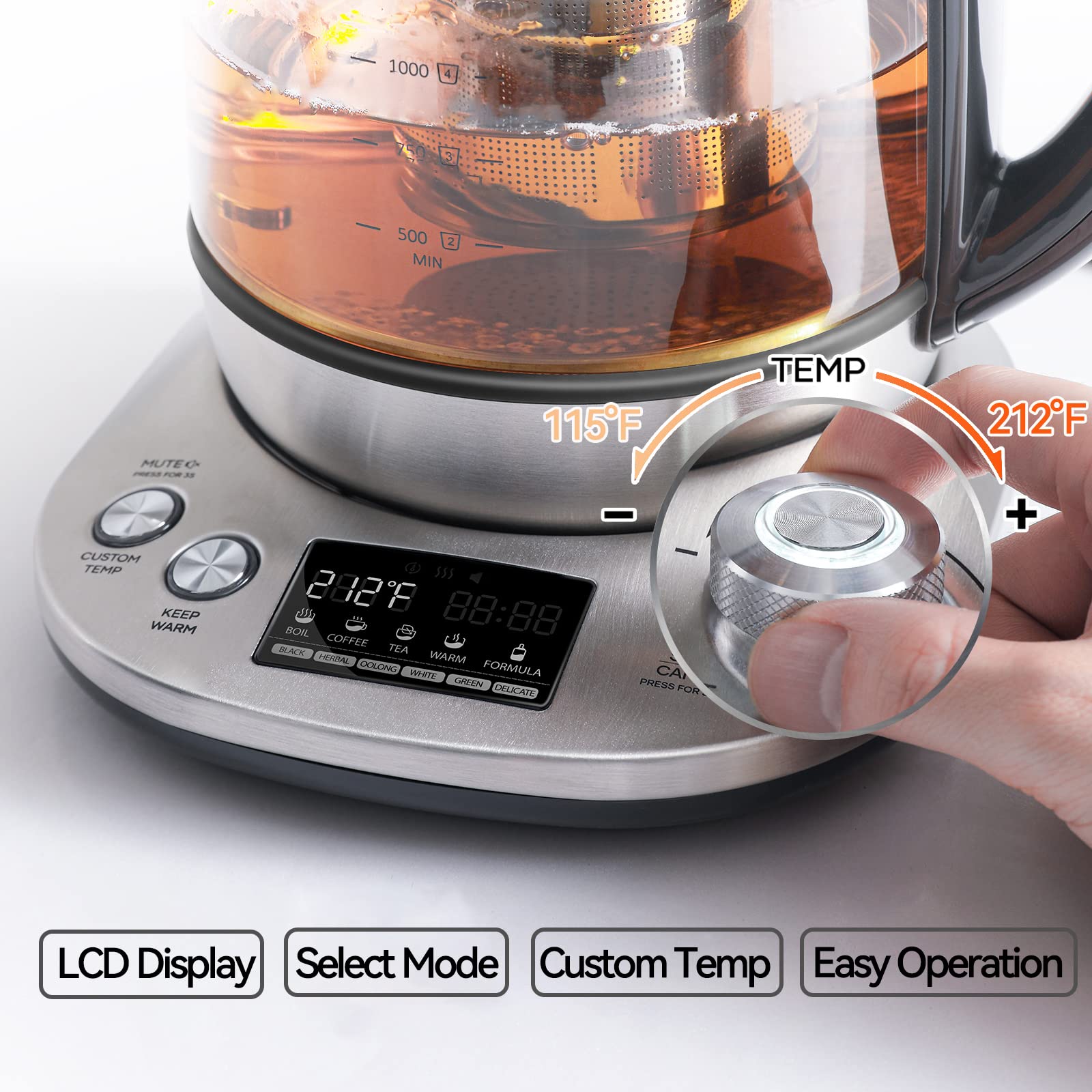 Mecity thermometer-style control from 100–212 °F for precise brewing