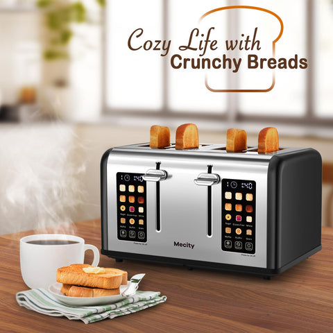 Mecity toaster offers multiple browning levels for tailored toast.