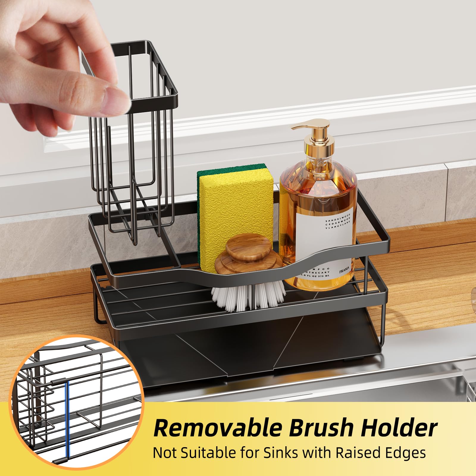 Mecyfaty dish brush stand keeps brushes upright and dry after use.