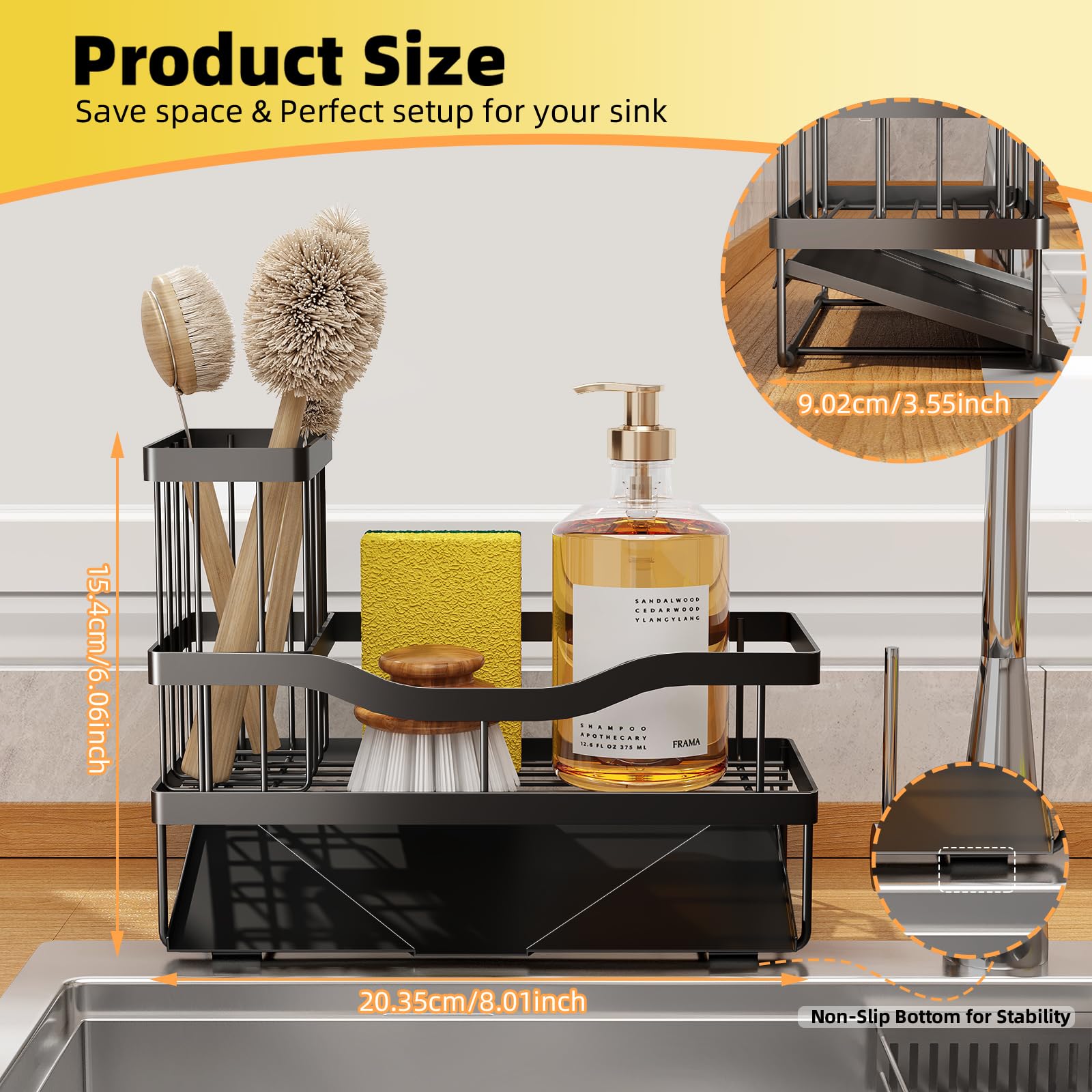 Mecyfaty sink caddy organizes sponges and brushes, saving counter space.