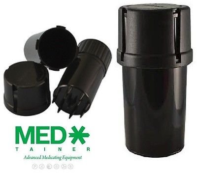 Medtainer black container showing airtight and water-tight seal for secure storage.