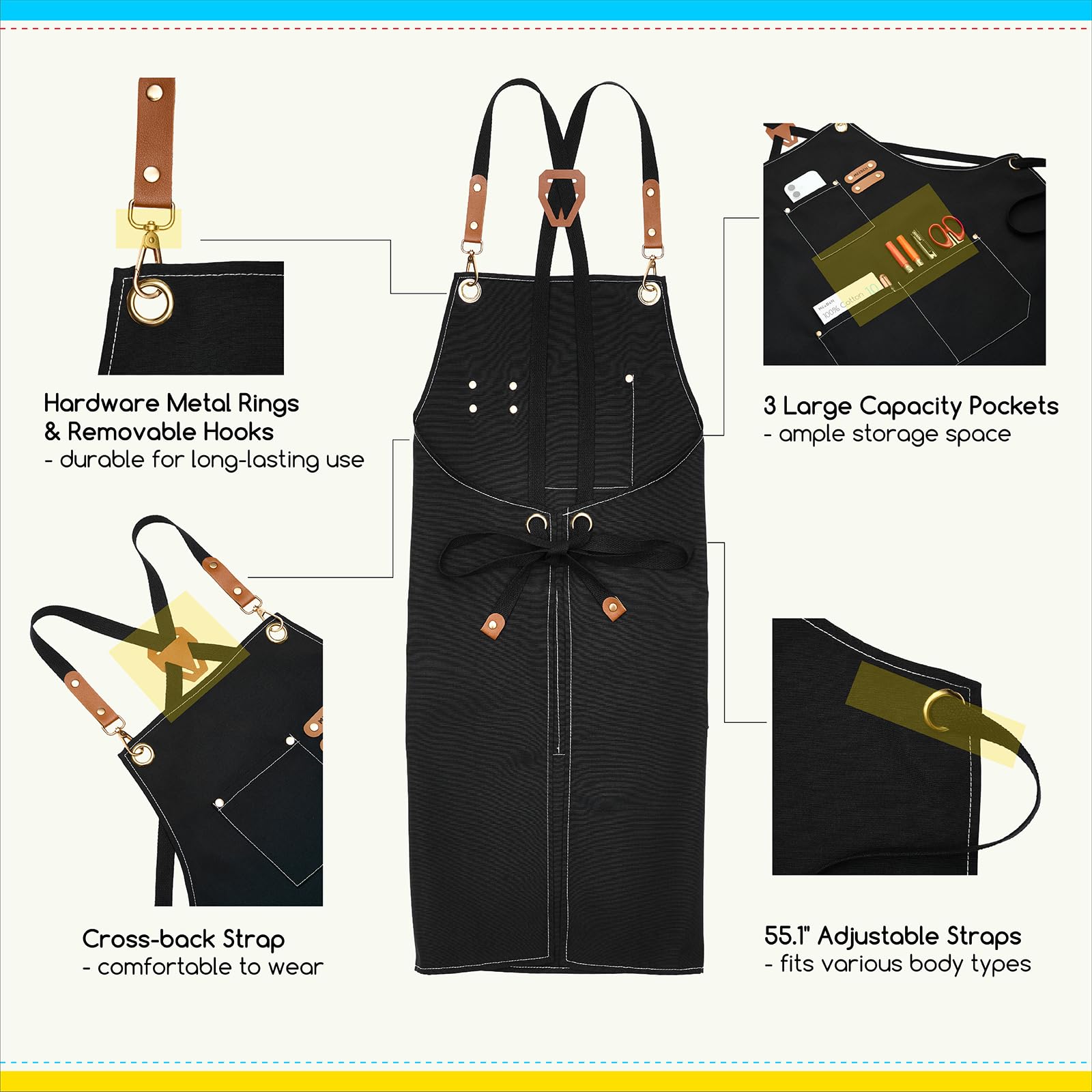 MEEDEN painting apron features brass buckles and leather chest loops for quick access.