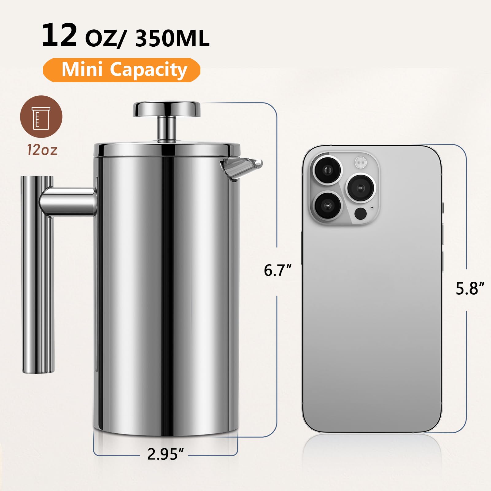 Meelio small French Press with cool-touch handle for safe pouring.