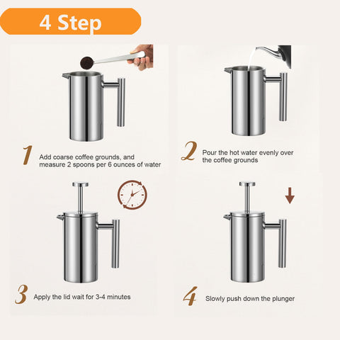 Meelio small French Press three-layer stainless steel filter preserves oils and aroma.