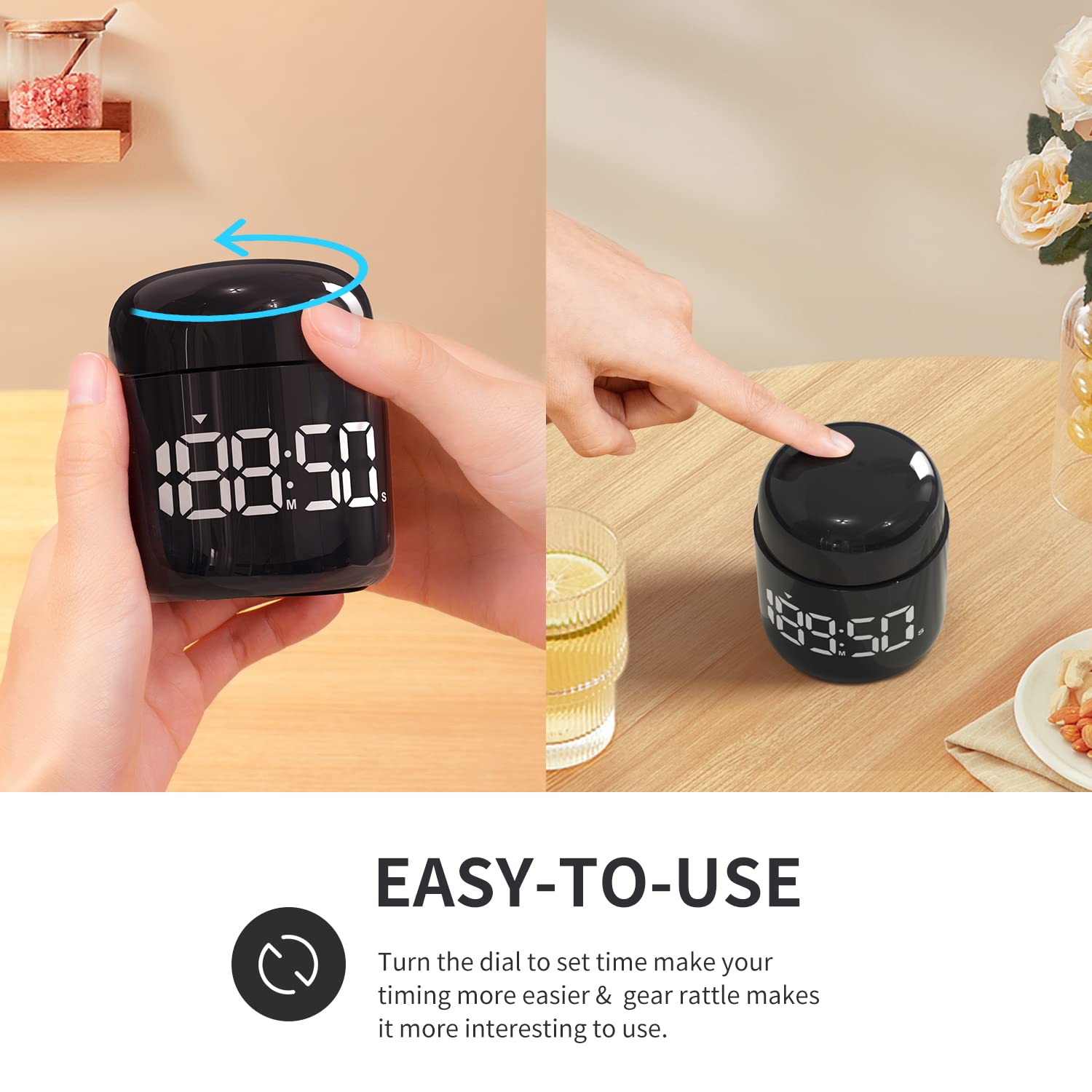 MeesMeek timer showing rotate-to-set time for quick adjustments