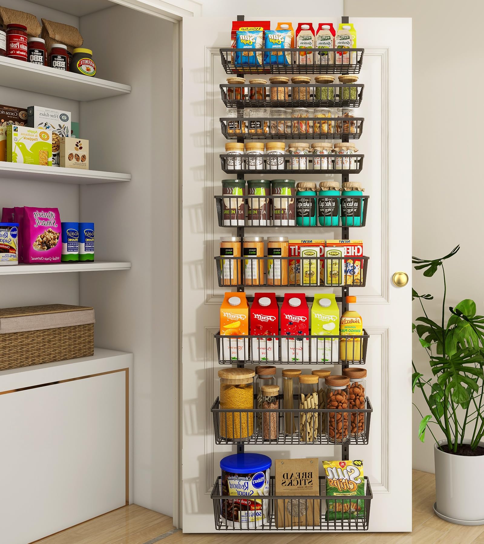 Mefirt 9-Tier over-the-door organizer shows a black metal frame for space-saving pantry storage.