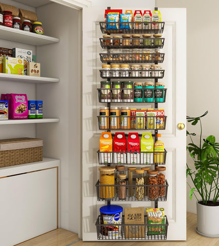Mefirt 9-Tier over-the-door organizer shows a black metal frame for space-saving pantry storage.