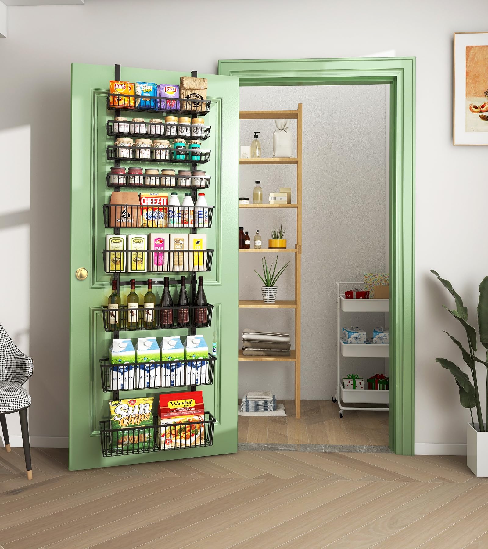 Mefirt adjustable baskets for different items, from jars to boxes.