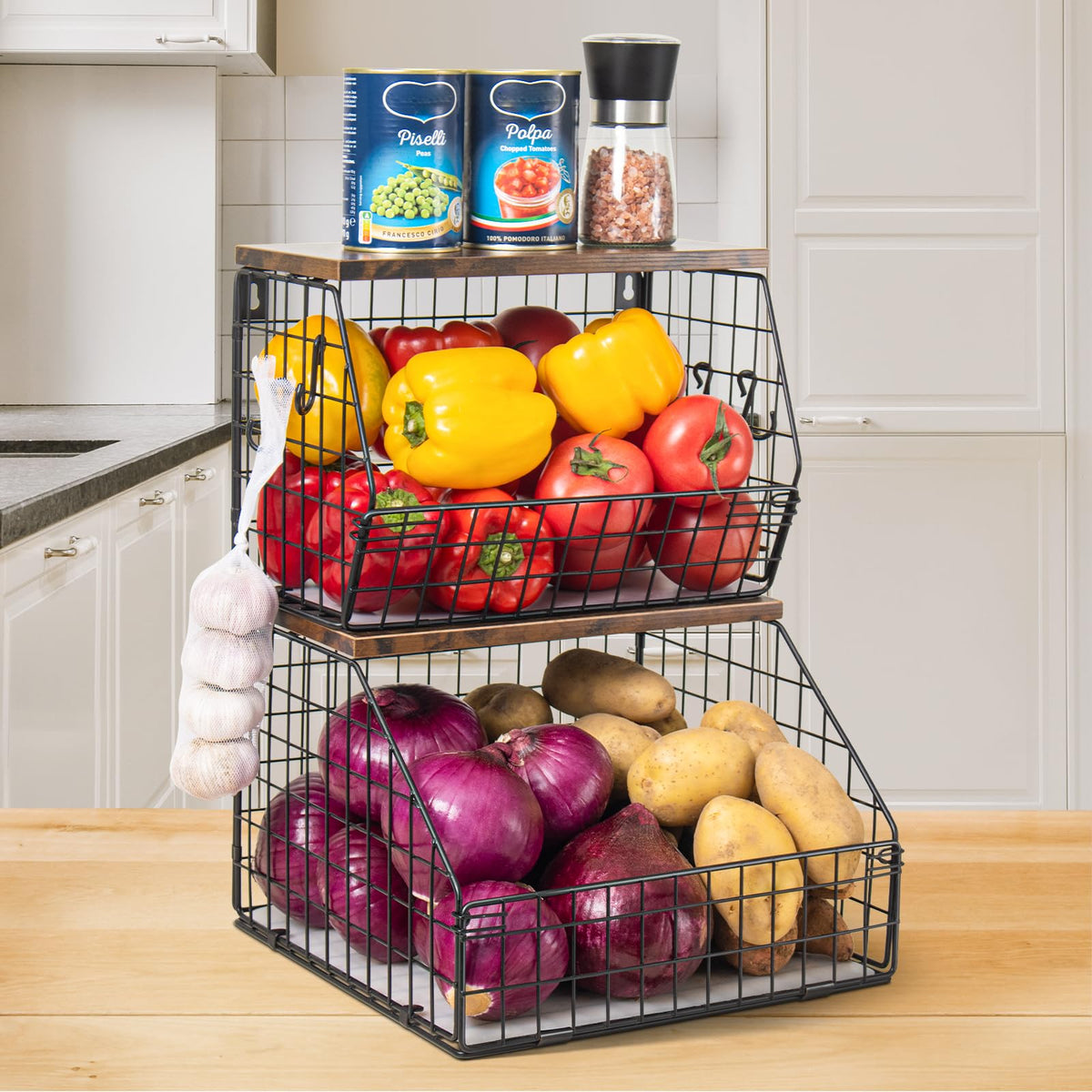 Mefirt stackable wall-mounted fruit basket saves counter space.