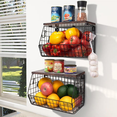 Mefirt fruit bowl stackable wall-mounted with wood lid and banana hooks for organized storage.