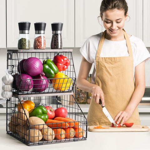 Mefirt kitchen storage basket mounted on wall for easy access.