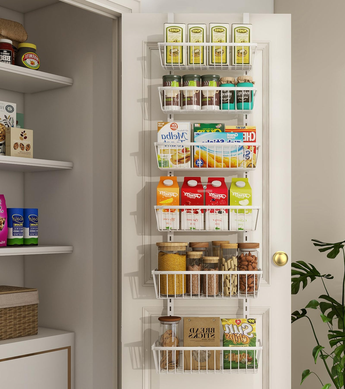 Mefirt over-door pantry organizer with six deep baskets for versatile storage.