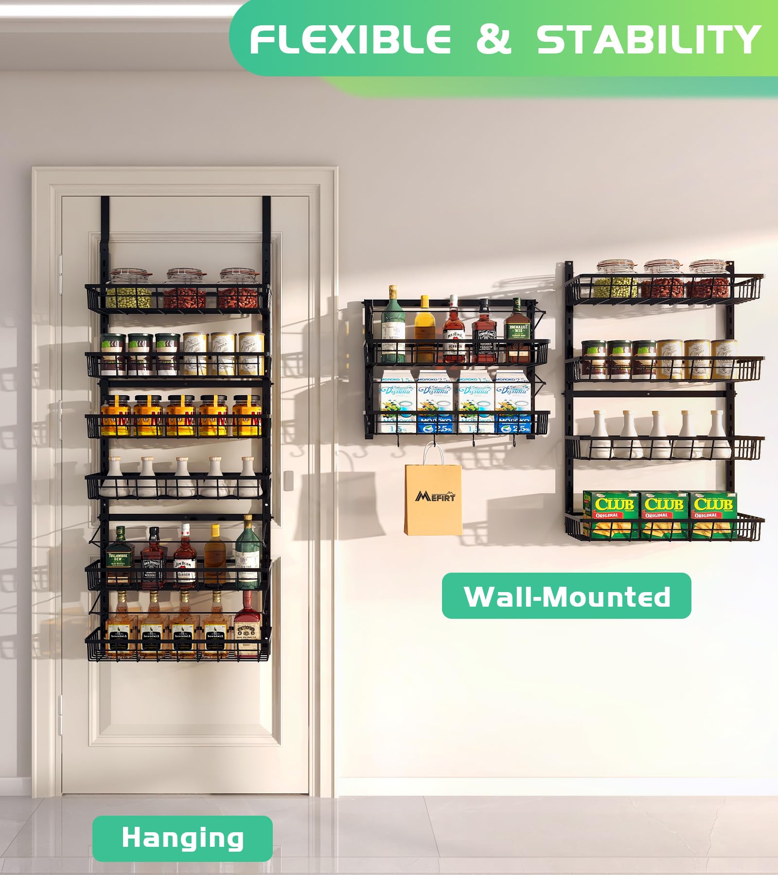 Mefirt adjustable pantry storage fits different items and heights.