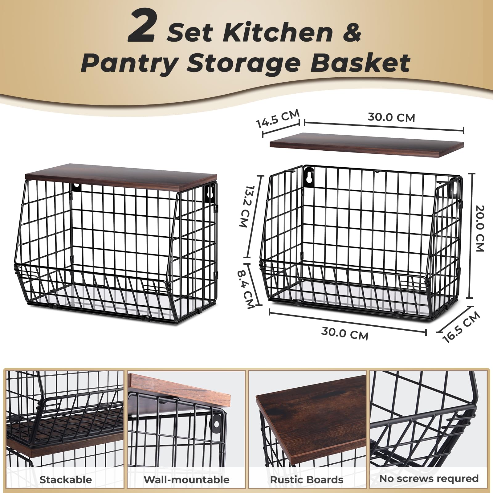 Stackable baskets with wood lid demonstrate space-saving kitchen organization.