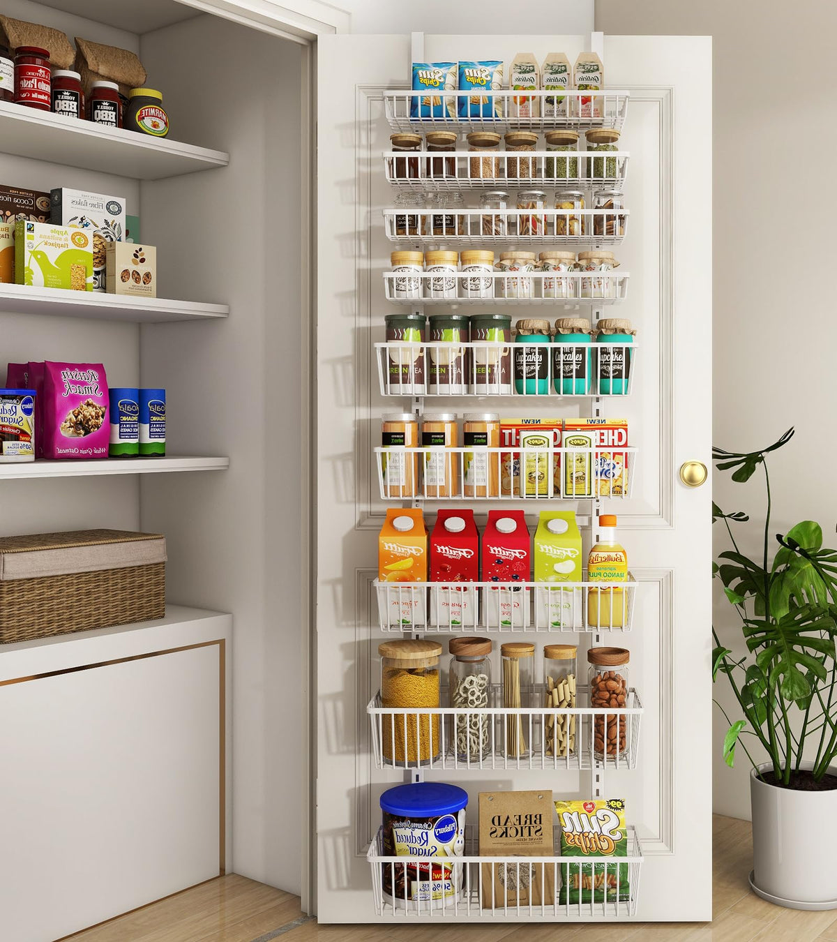 Mefirt White 9 tier over the door organizer shown in full setup for easy pantry access