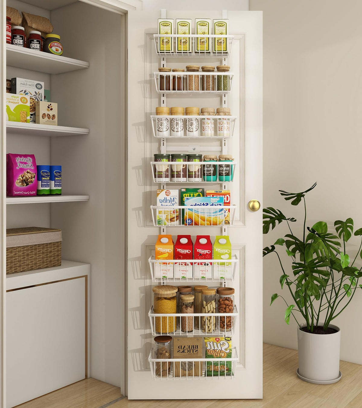 Mefirt white over-door pantry organizer for compact space-saving kitchen storage.