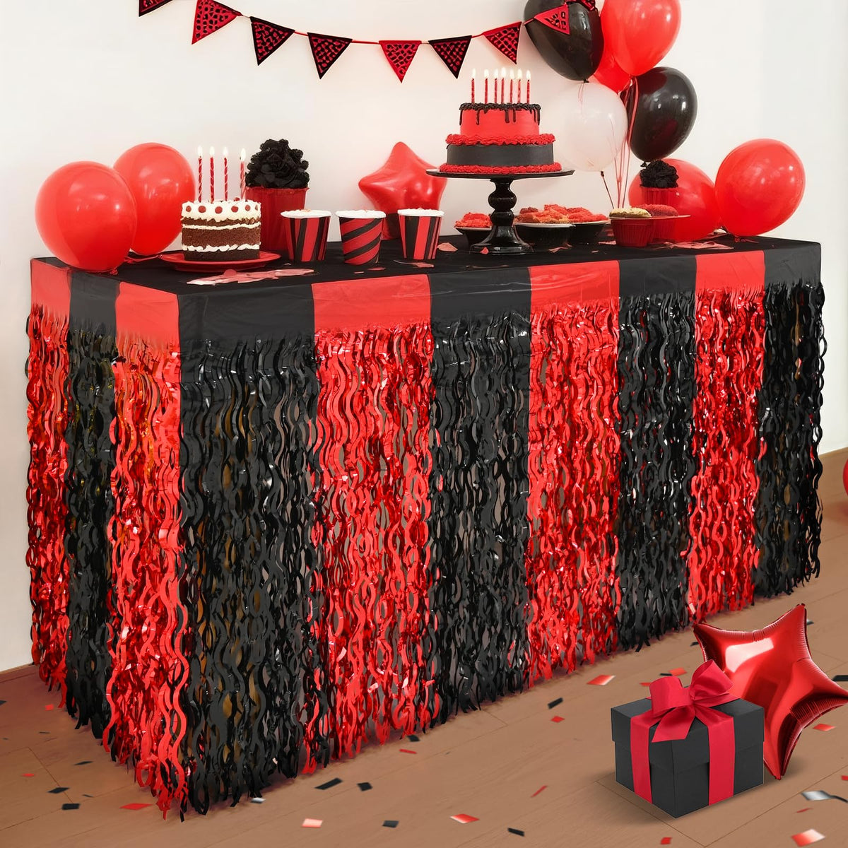 Mega-L 2025 red-black wavy foil fringe table skirt on a rectangular table adds sparkle