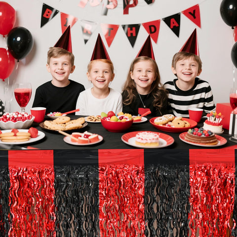 Mega-L 2025 round table skirt with red-black fringe creates a glamorous grad party centerpiece