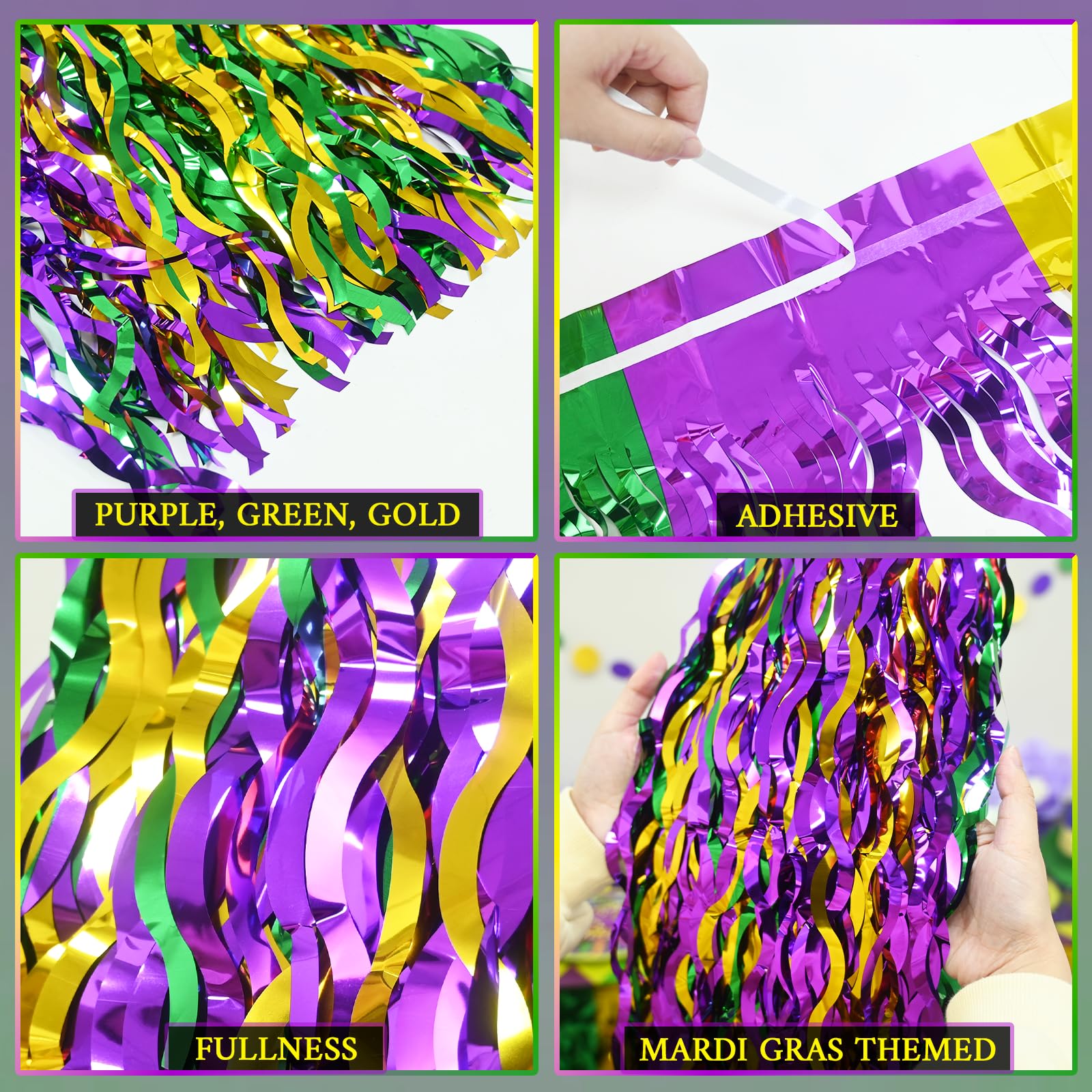 Purple-green-gold fringe on rectangular tables creates festive drama.