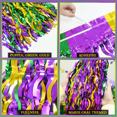 Purple-green-gold fringe on rectangular tables creates festive drama.