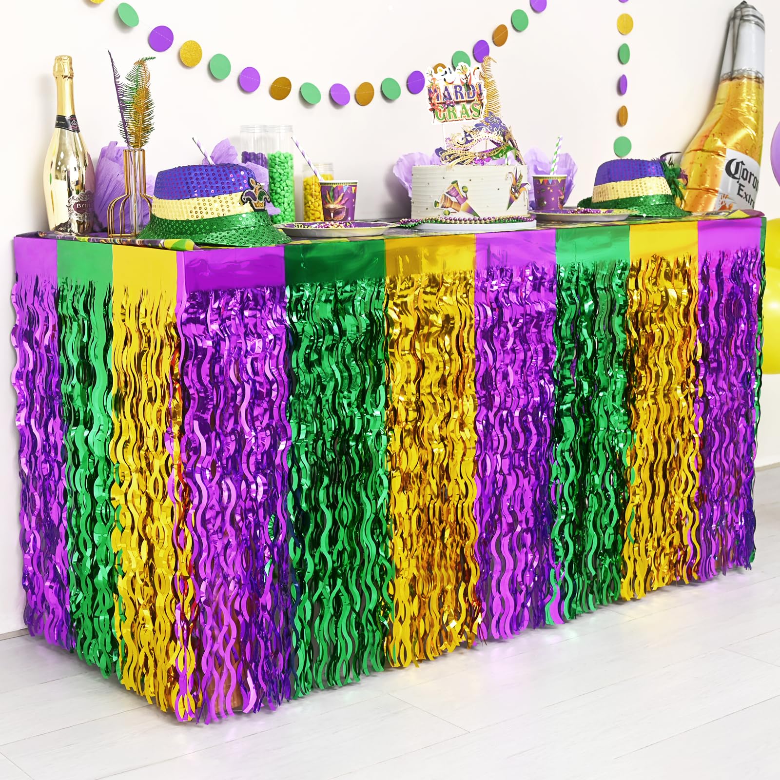 Mega-Loopolis Mardi Gras fringe skirt in purple-green-gold with shimmering coverage.