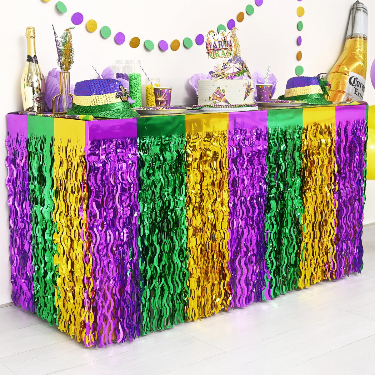 Mega-Loopolis Mardi Gras fringe skirt in purple-green-gold with shimmering coverage.