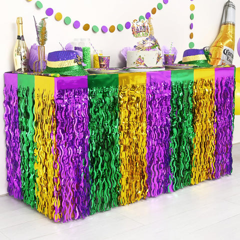 Mega-Loopolis Mardi Gras fringe skirt in purple-green-gold with shimmering coverage.