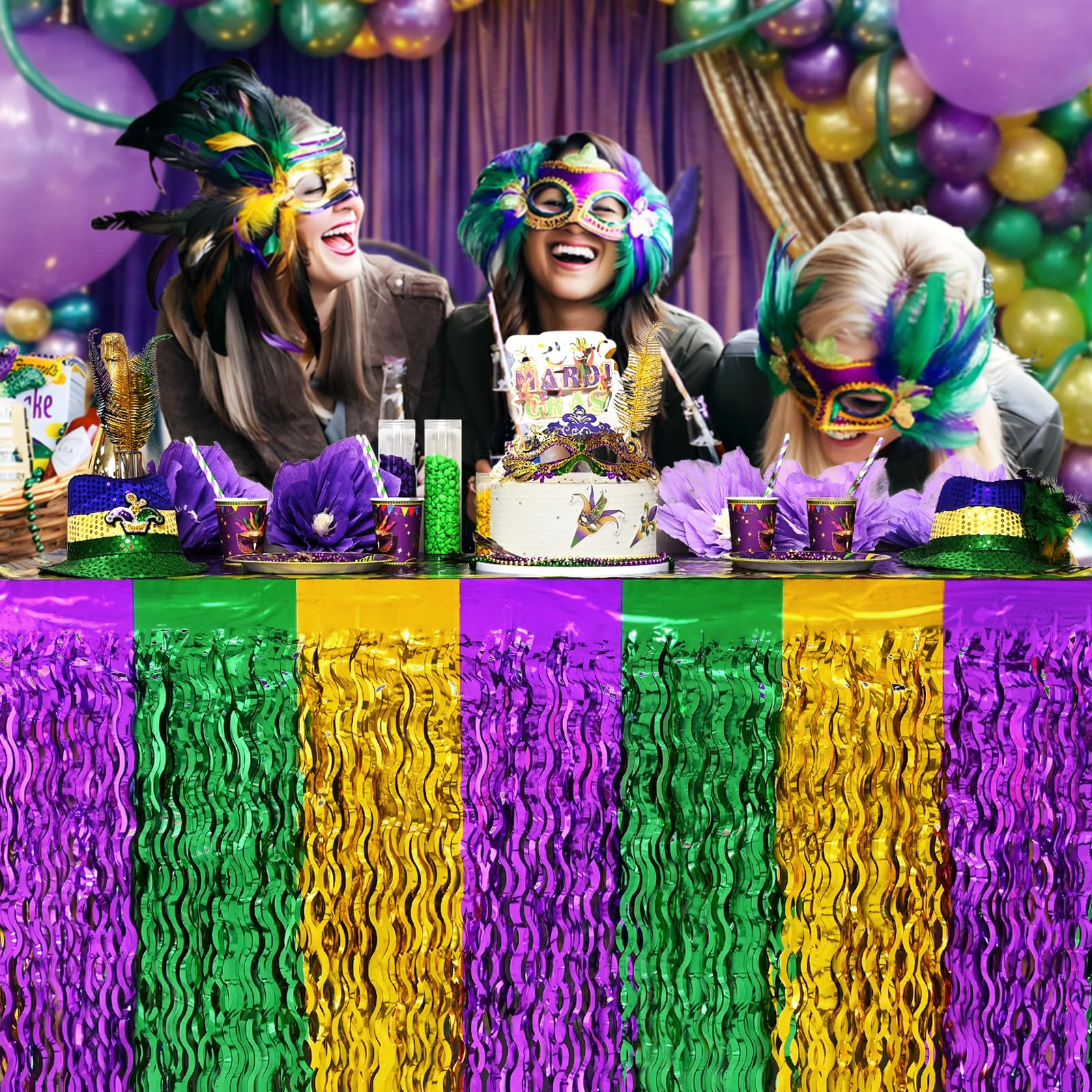 Mega-Loopolis Mardi Gras fringe skirt adds sparkle to round tables.