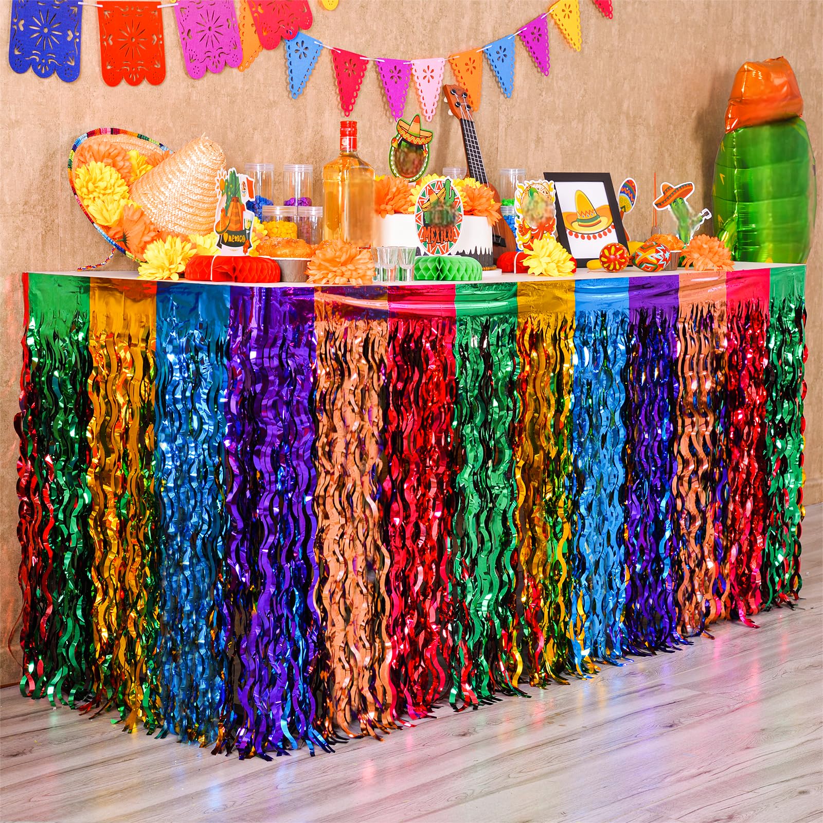 Mega-L Fiesta table skirt with red-green-yellow colors adds vibrant party ambiance.