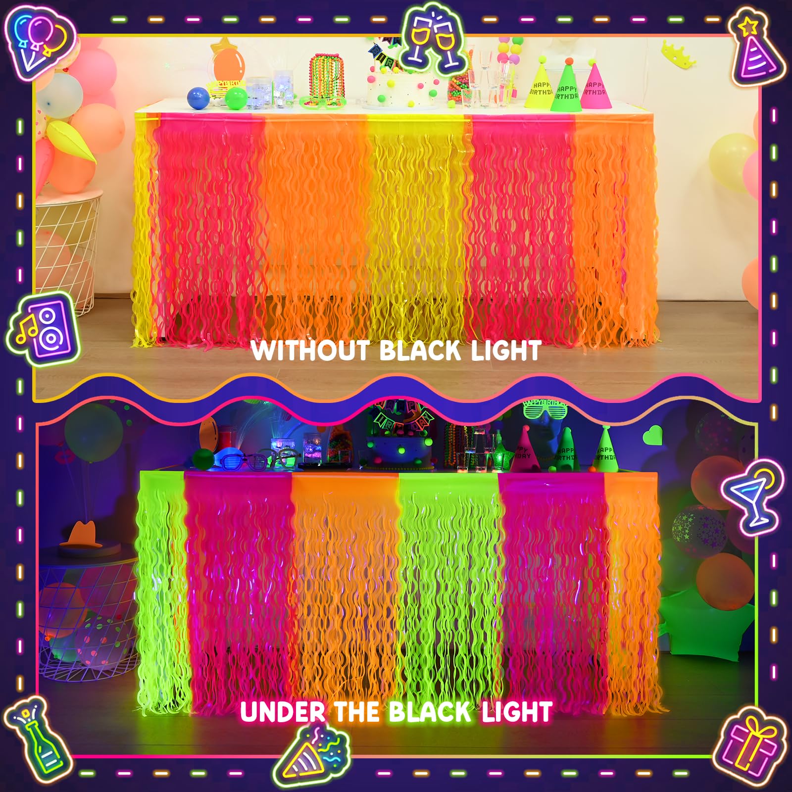 Mega-L Neon fringe drape creates a photo-ready party backdrop.