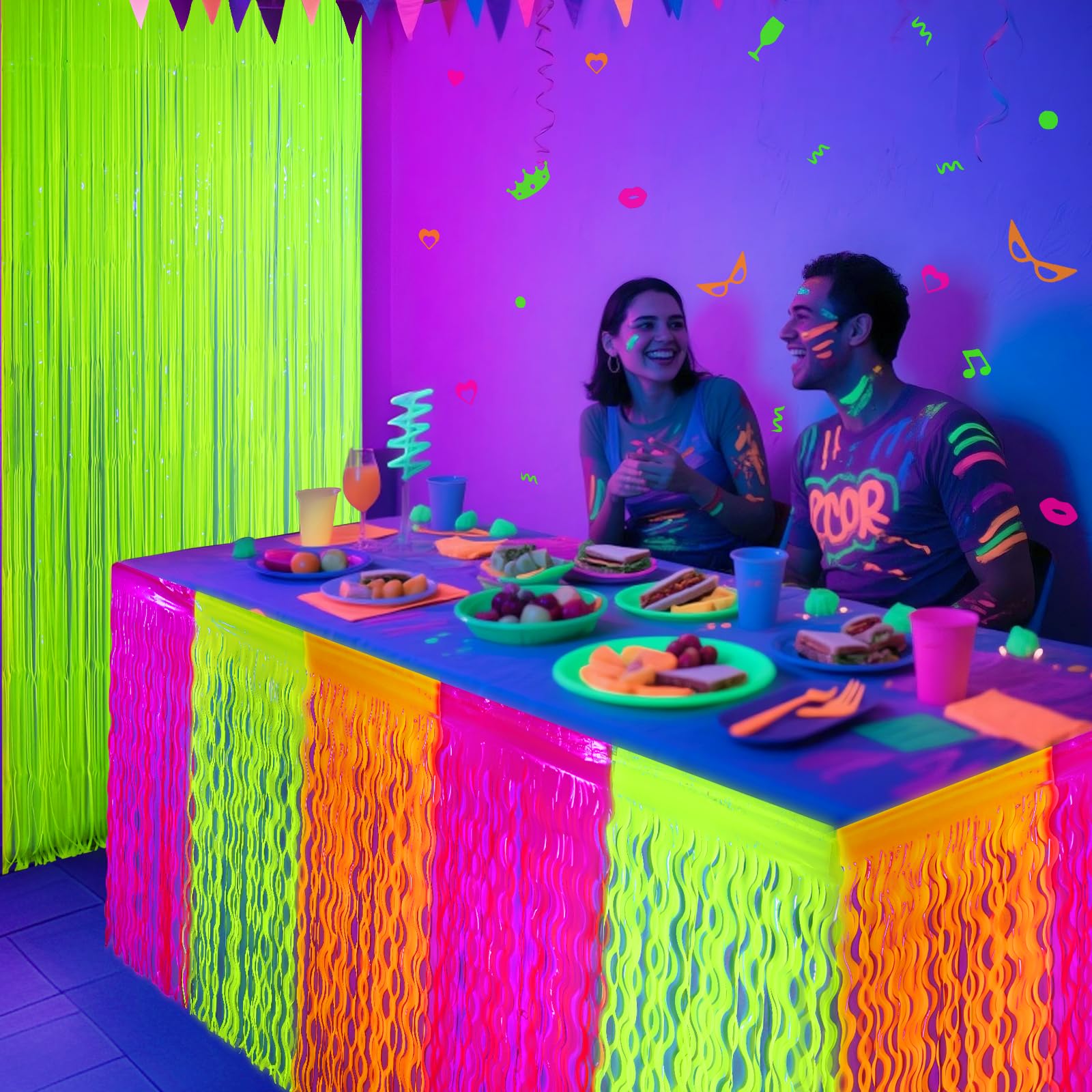 Mega-L Neon party decor complements rectangular tables beautifully.