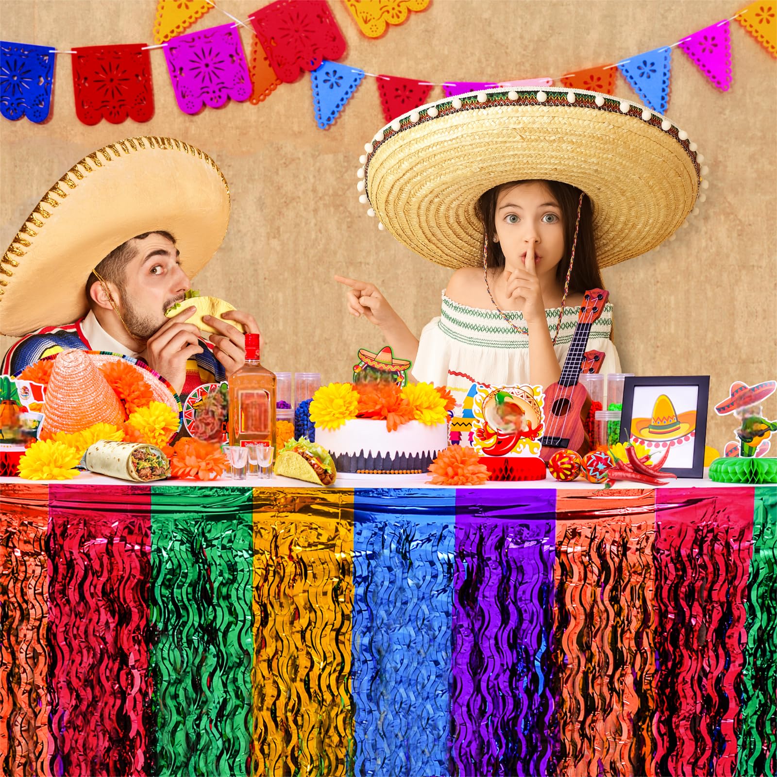 Mega-L Fiesta wavy foil fringe provides shiny tabletop sparkle for celebrations.