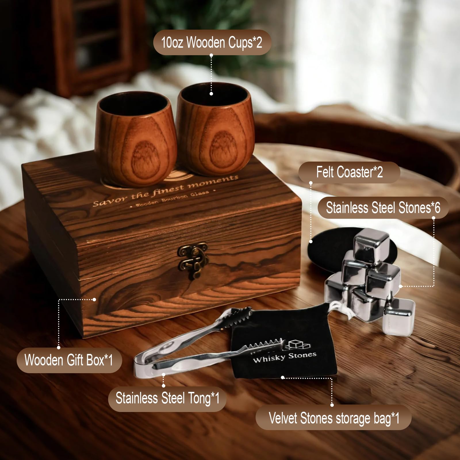 Megapuxin gift-kit contents on display for a complete whiskey set.