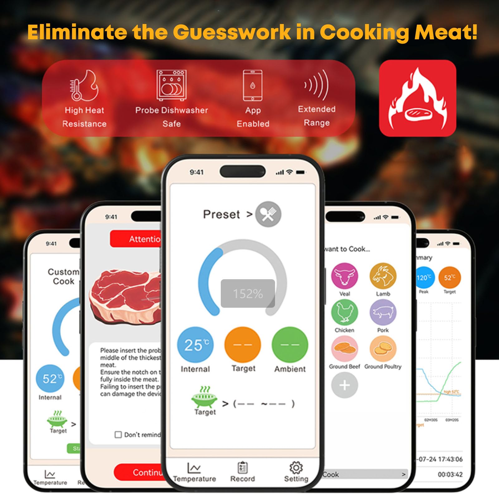 Megapuxin thermometer with smart alerts to notify you of temperature changes during cooking.