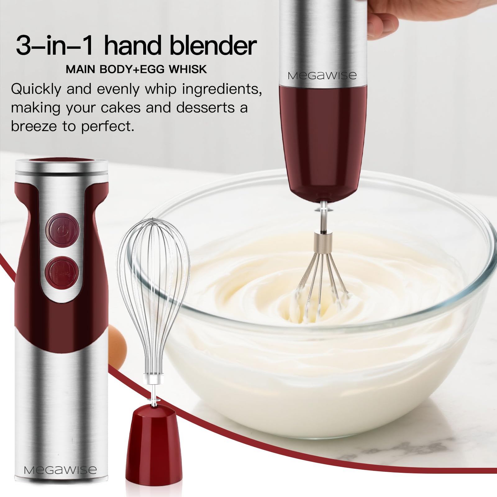 MEGAWISE four-blade core with whisk for versatile blending tasks.