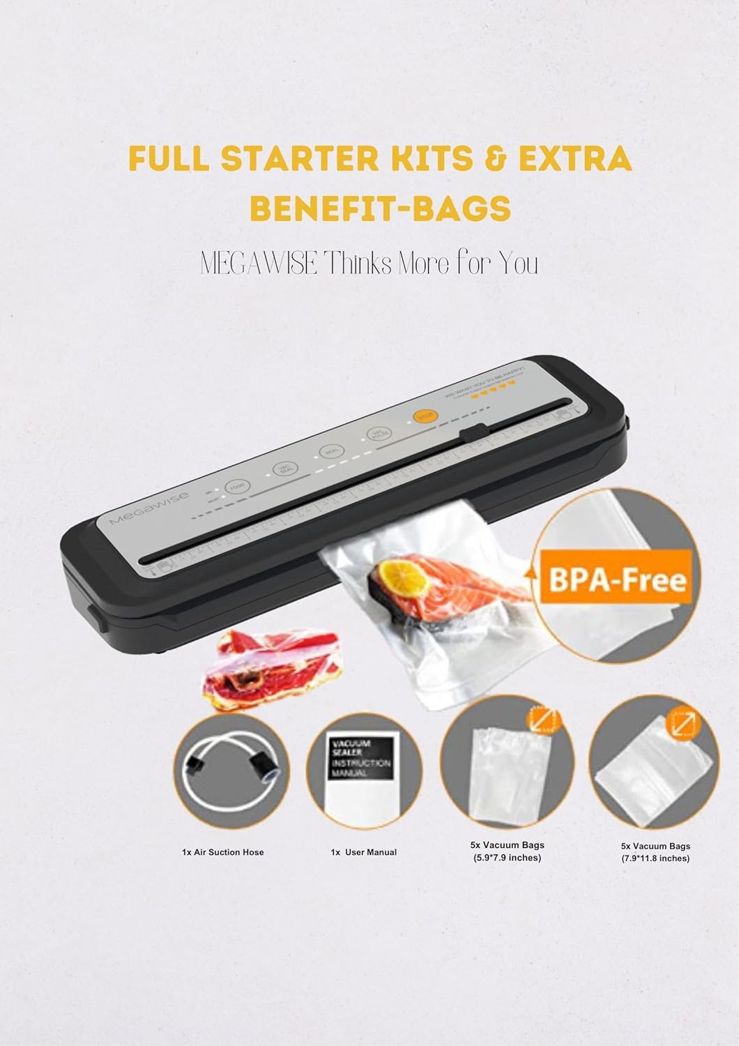 MEGAWISE includes ten BPA-free bags ready to use for quick sealing.