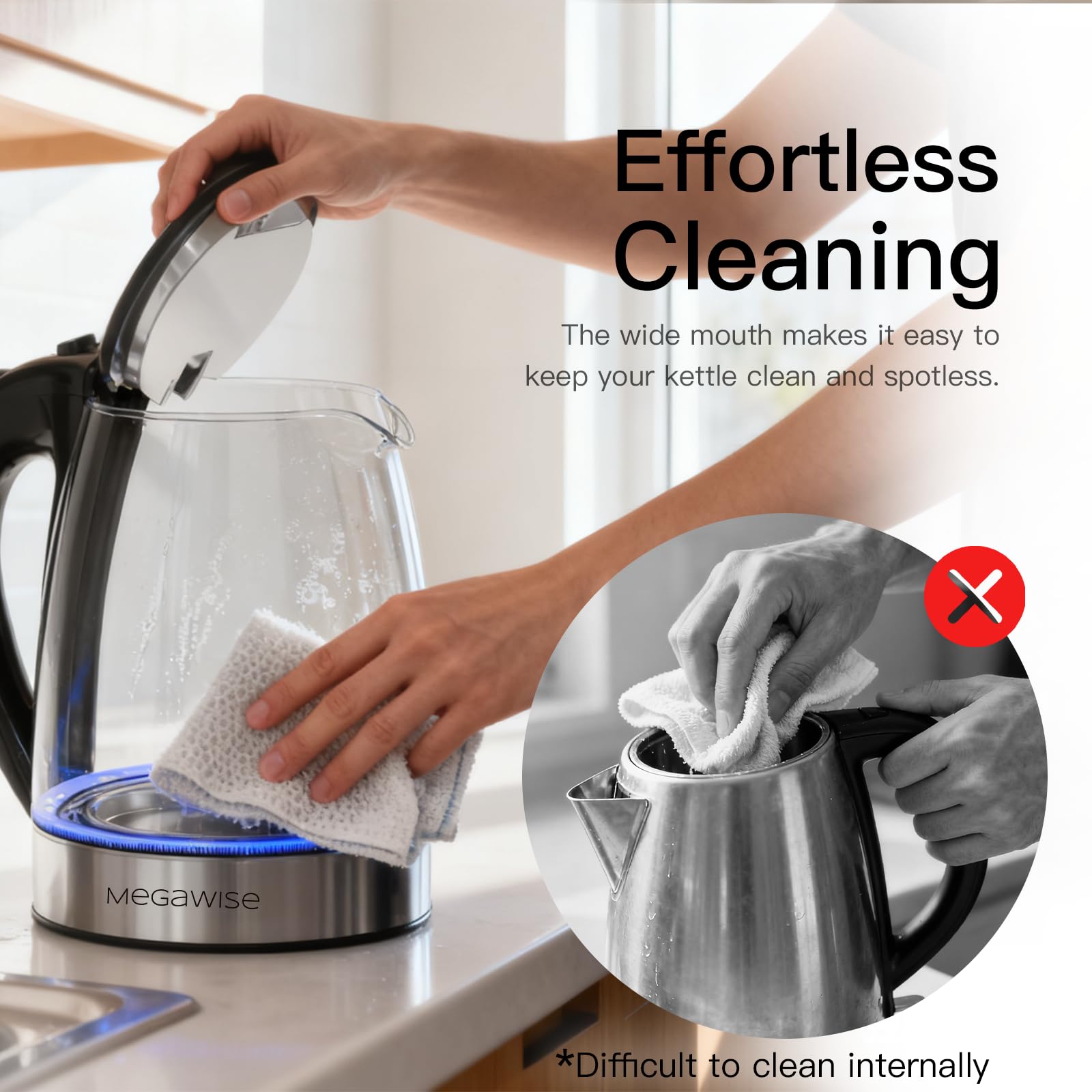 Megawise electric glass kettle boils water with blue LED base indicator.