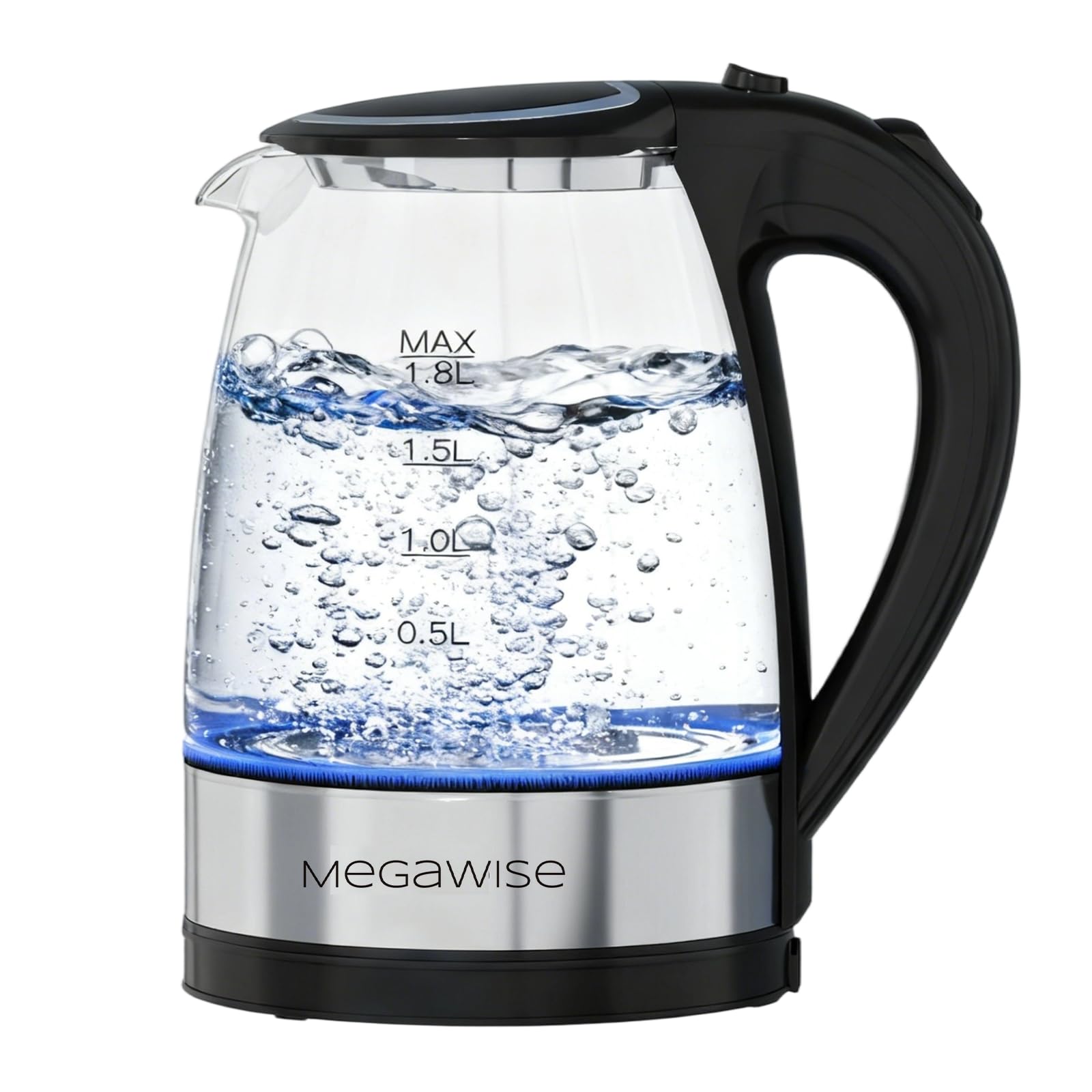 Megawise electric glass kettle front view for quick, pure-water boiling.
