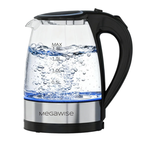 Megawise electric glass kettle front view for quick, pure-water boiling.