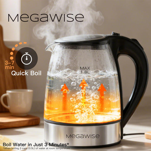 Megawise glass kettle with lid open showing one-touch operation and easy filling.