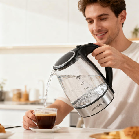 Megawise glass kettle clear body enables easy cleaning with sponge brush included.