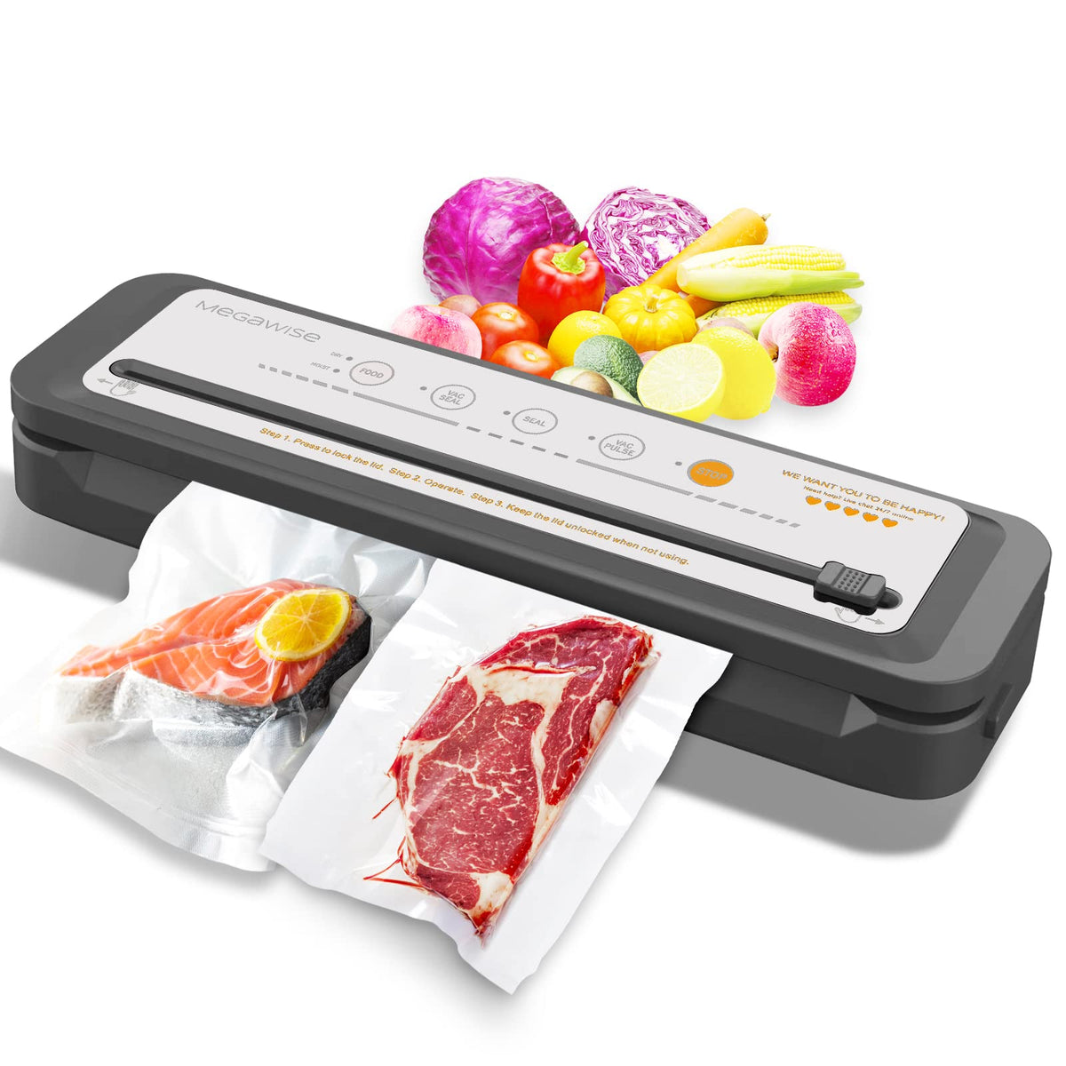 MEGAWISE Updated Vacuum Sealer front view highlighting compact design for easy countertop use.